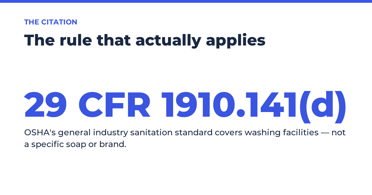 A hand soap dispenser mounted at a shop sink, the fixture OSHA's sanitation standard requires