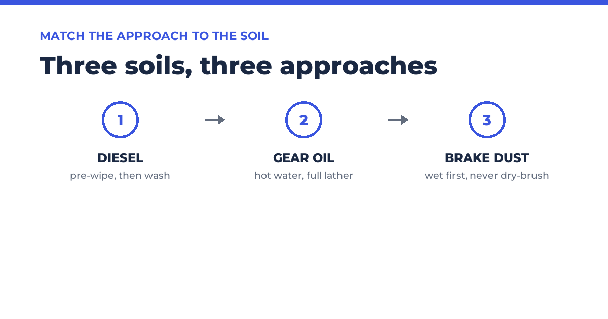 Technician washing diesel, gear oil, and brake dust from hands at a shop sink